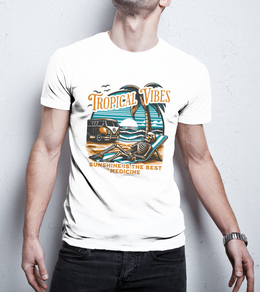 Tropical Vibes Sunshine Is The Best Medicine Skeleton Beach Van Sunset Scene T-Shirt
