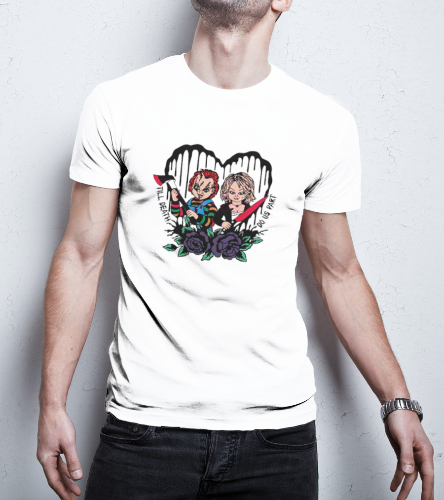 Till Death Do Us Part Horror Characters With Purple Roses And Heart Background T-Shirt