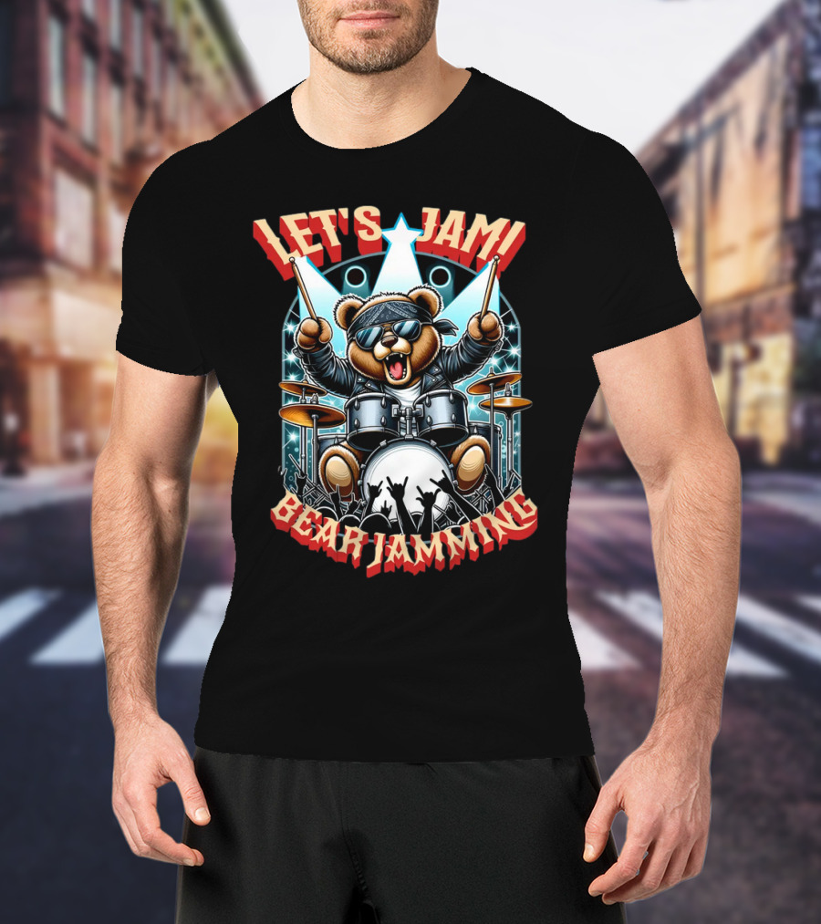 Let's Jam Bear Jamming Rock Drummer Concert Stage Electric Bear T-Shirt