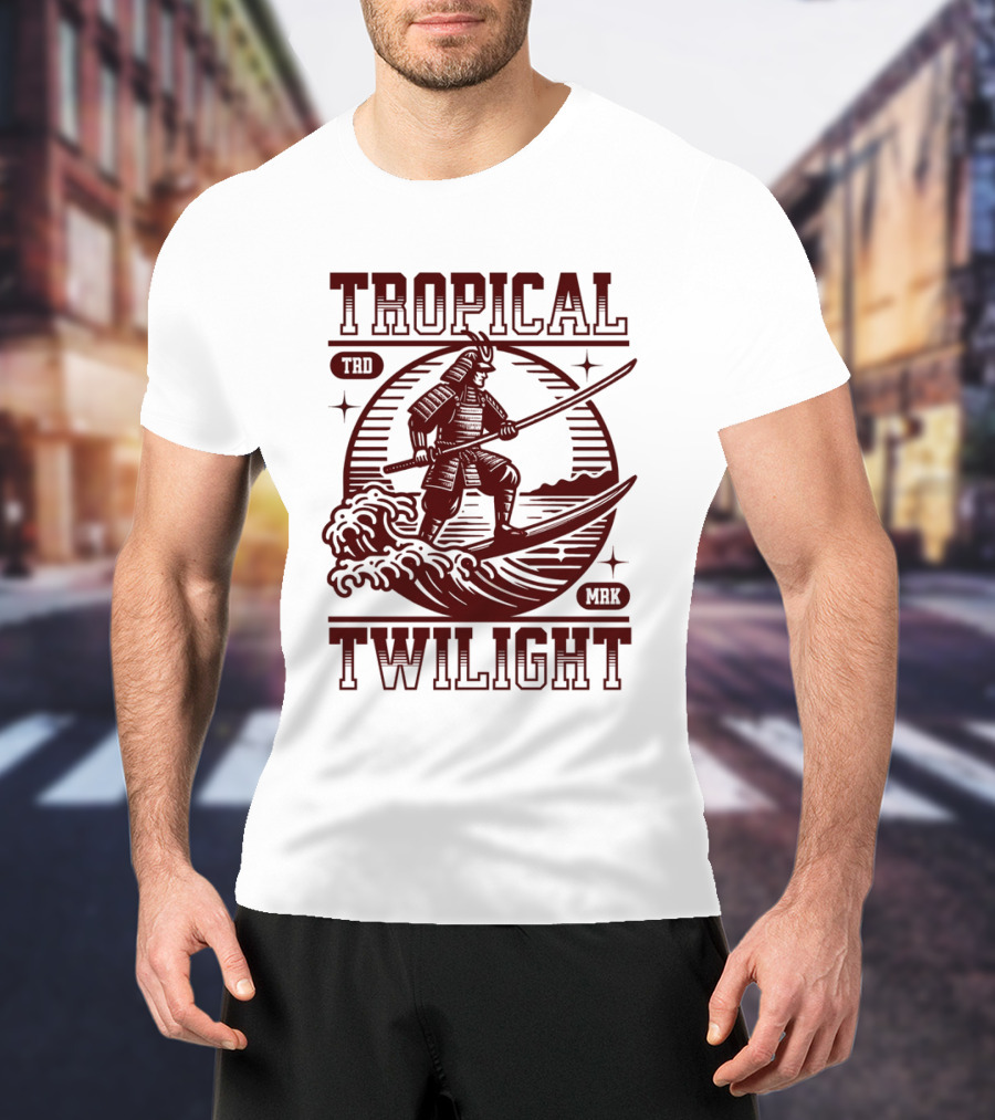 Tropical Twilight Surfing Samurai On Waves In Sunset Scene With TRD MRK T-Shirt
