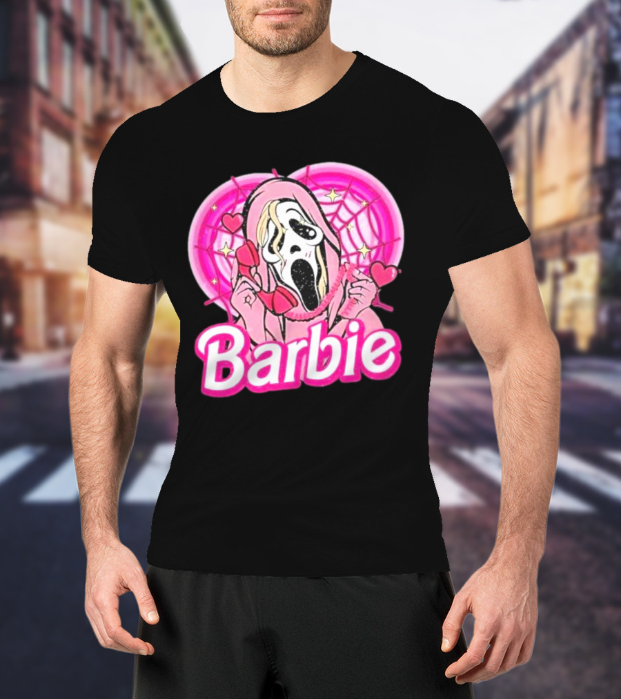 Barbie Horror Doll Ghost Face With Hearts And Pink Spiderwebs T-Shirt