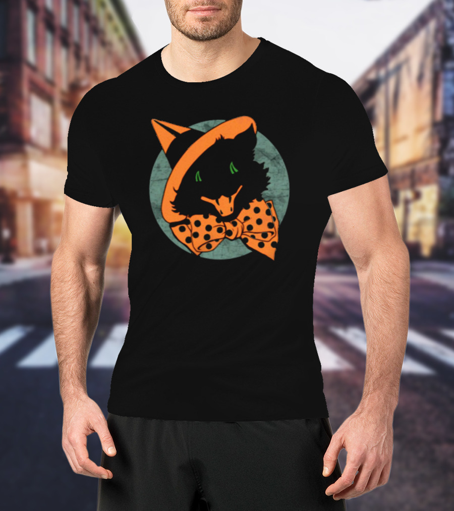 Vintage Halloween Black Cat Witch Hat Polka Dot Bowtie T-Shirt