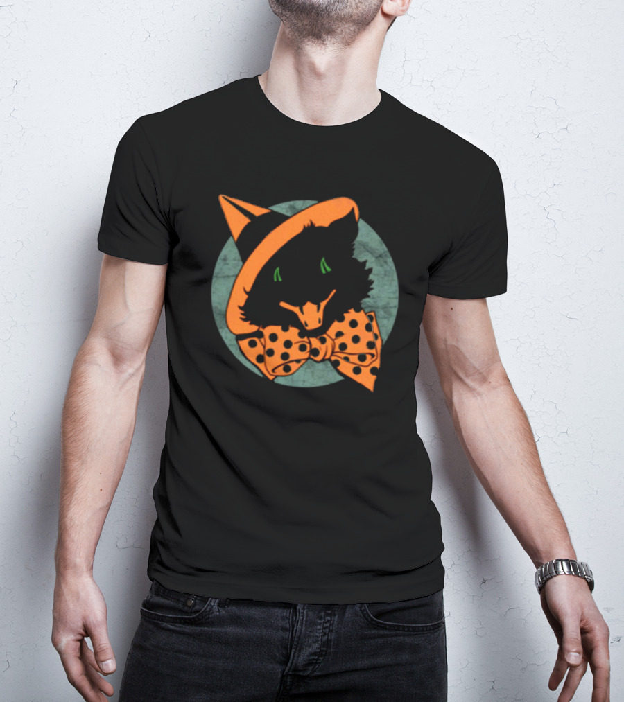 Vintage Halloween Black Cat Witch Hat Polka Dot Bowtie T-Shirt