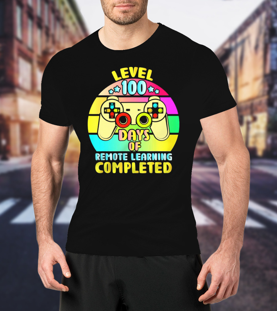 Level 100 Remote Learning Completed Vintage Gaming Controller Retro Rainbow T-Shirt