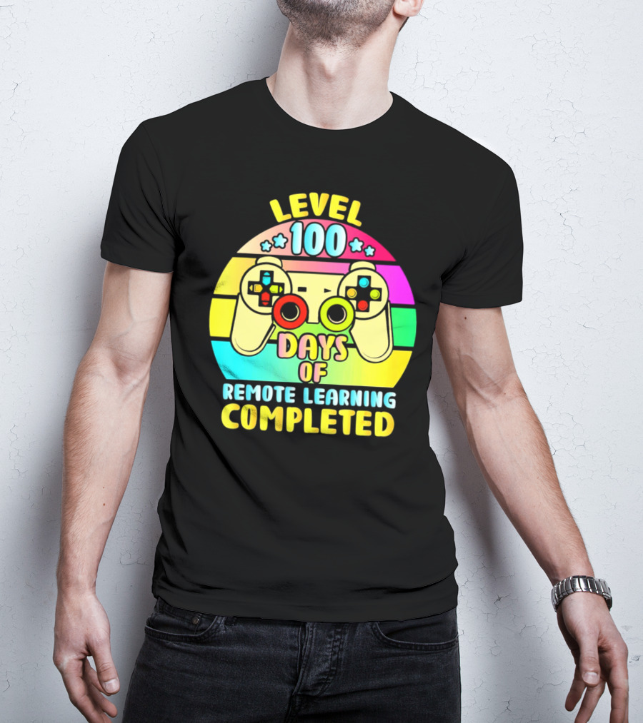 Level 100 Remote Learning Completed Vintage Gaming Controller Retro Rainbow T-Shirt