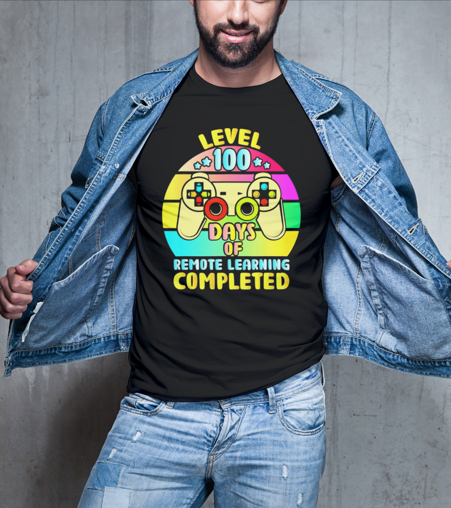 Level 100 Remote Learning Completed Vintage Gaming Controller Retro Rainbow T-Shirt