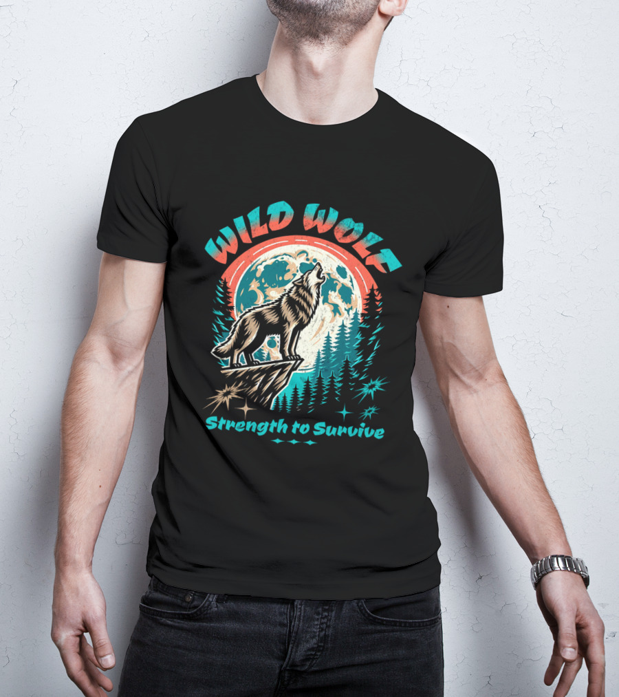 WILD WOLF Strength To Survive Full Moon Forest Scene T-Shirt
