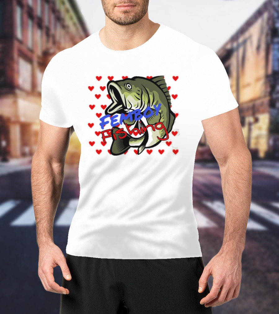 Femboy Fishing With Heart Pattern And Big Mouth Bass T-Shirt