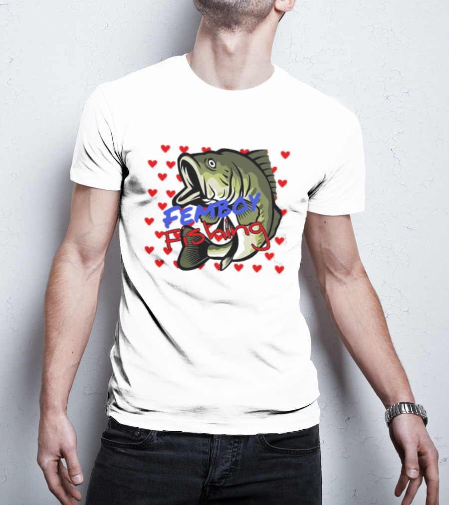 Femboy Fishing With Heart Pattern And Big Mouth Bass T-Shirt