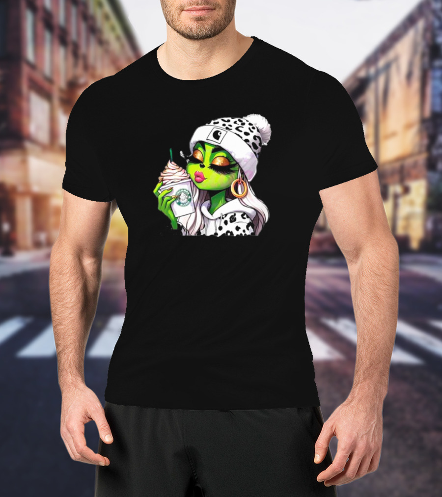 Grinchmas Blend Leopard Girl With Winter Leopard Beanie And Coffee Cup T-Shirt