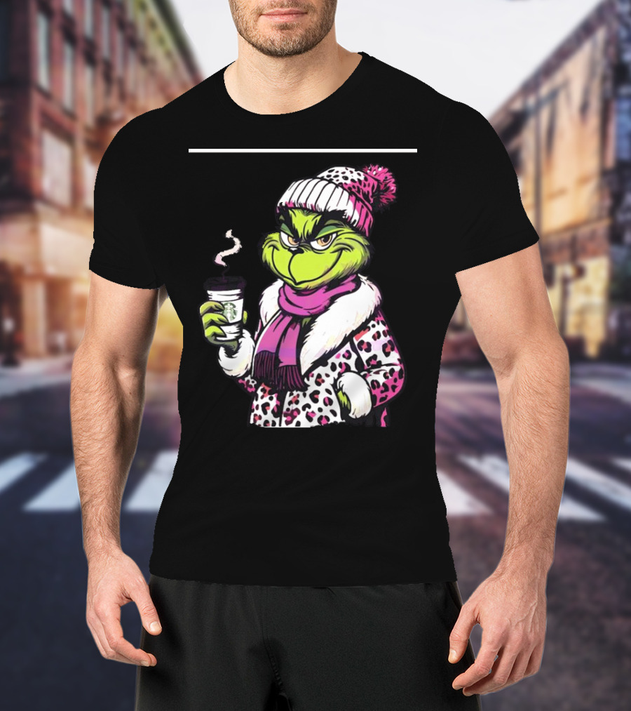 Grinchy And Bougie In Pink Leopard With Coffee Cup T-Shirt