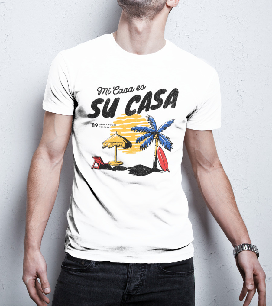 Mi Casa Es Su Casa '89 Beach House Portugal Palm Tree Umbrella Chair Surfboard T-Shirt