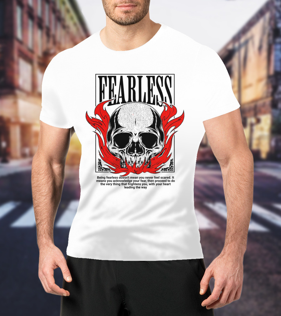 FEARLESS Skull With Red Flames Street Wear T-Shirt