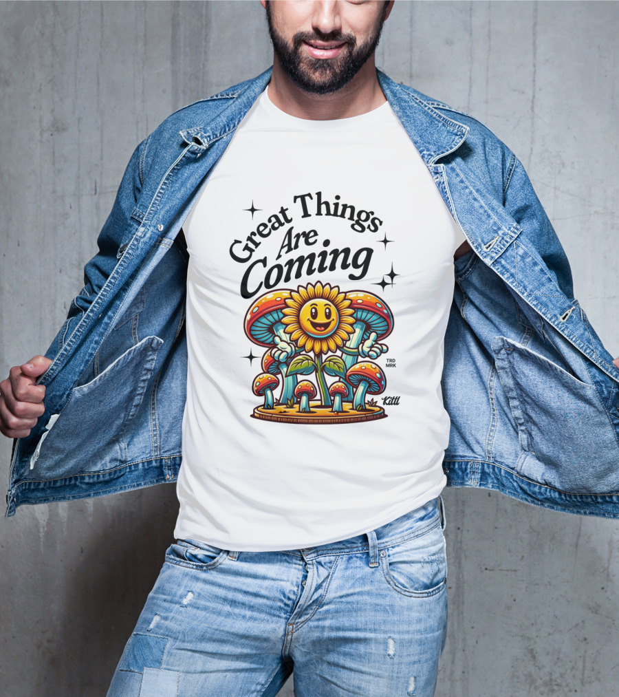Great Things Are Coming Sunflower With Colorful Mushrooms And Stars T-Shirt