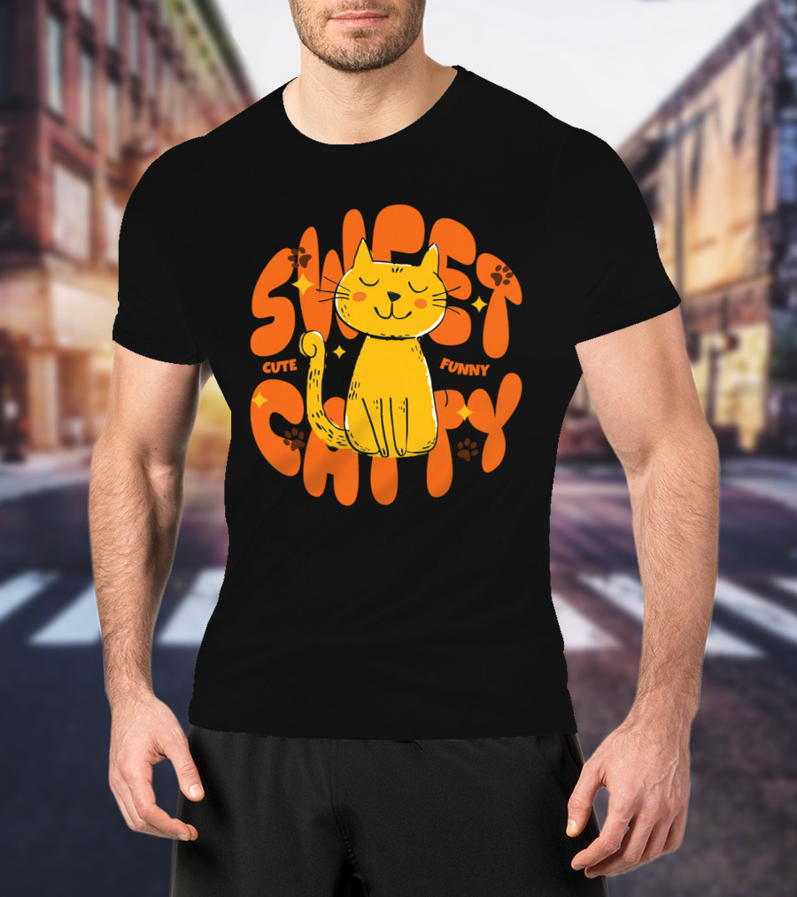 Cute Funny Sweet Cat Happy Yellow Cat With Paw Prints T-Shirt