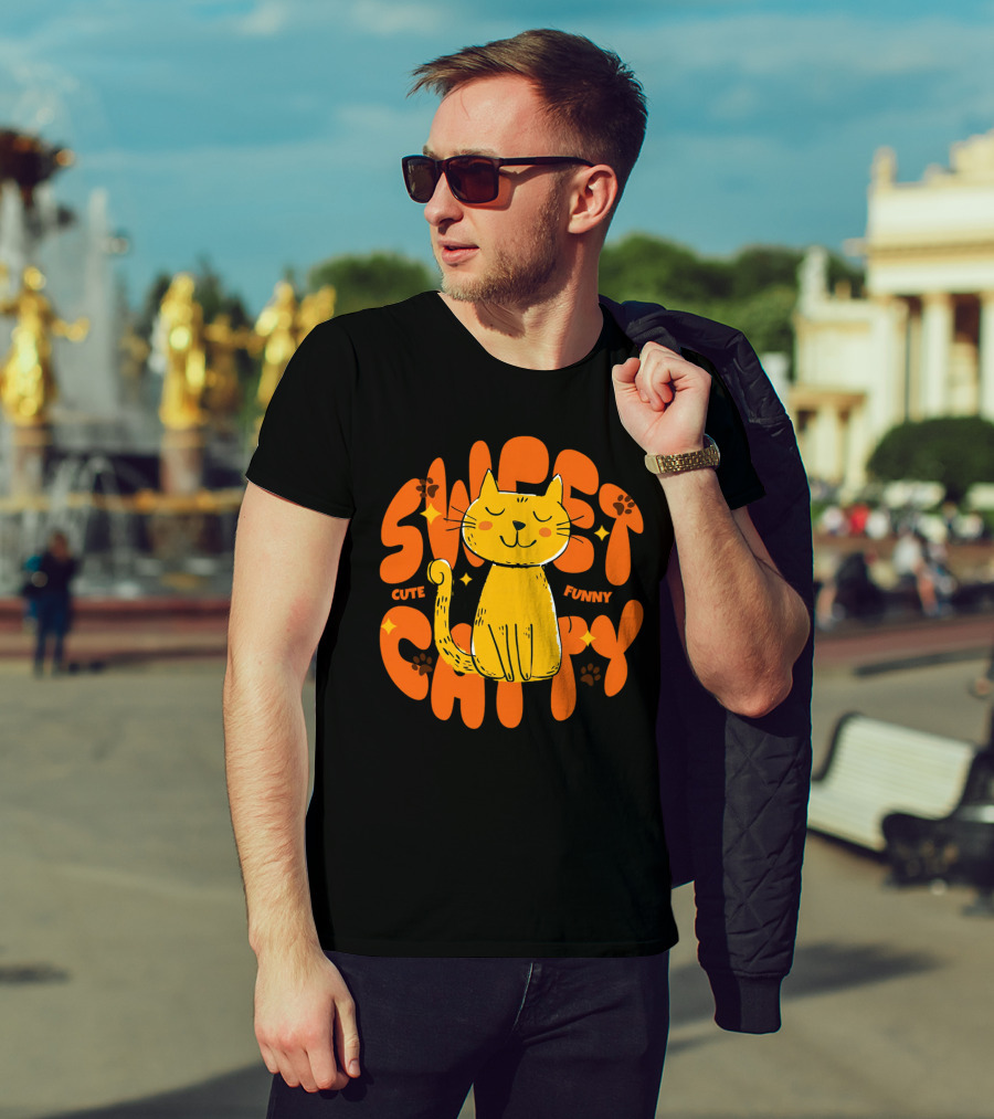 Cute Funny Sweet Cat Happy Yellow Cat With Paw Prints T-Shirt