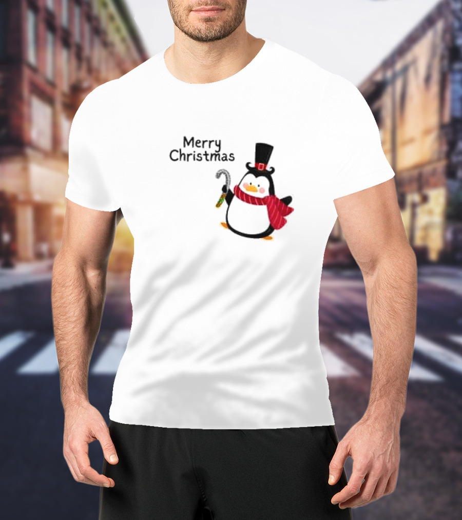 Merry Christmas Penguin With Candy Cane And Top Hat T-Shirt