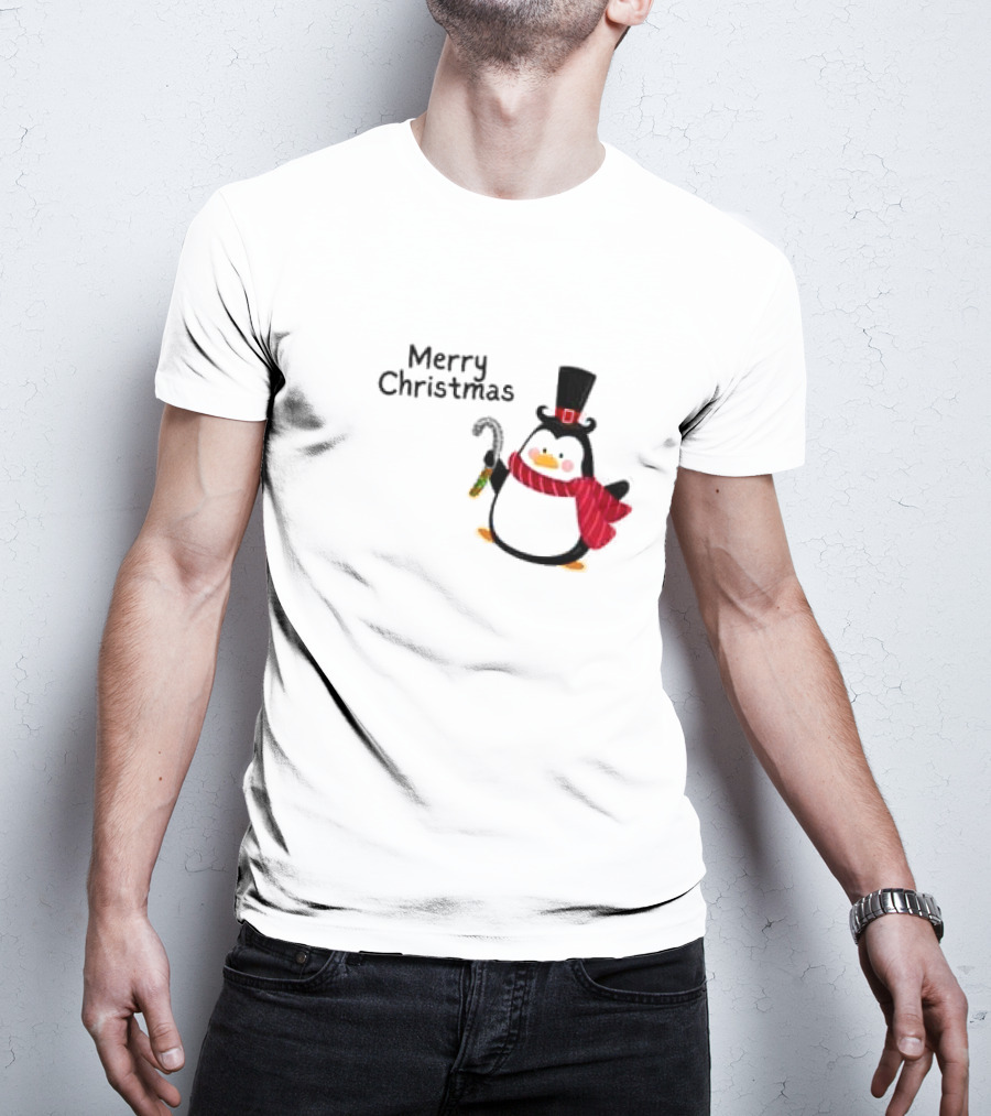 Merry Christmas Penguin With Candy Cane And Top Hat T-Shirt