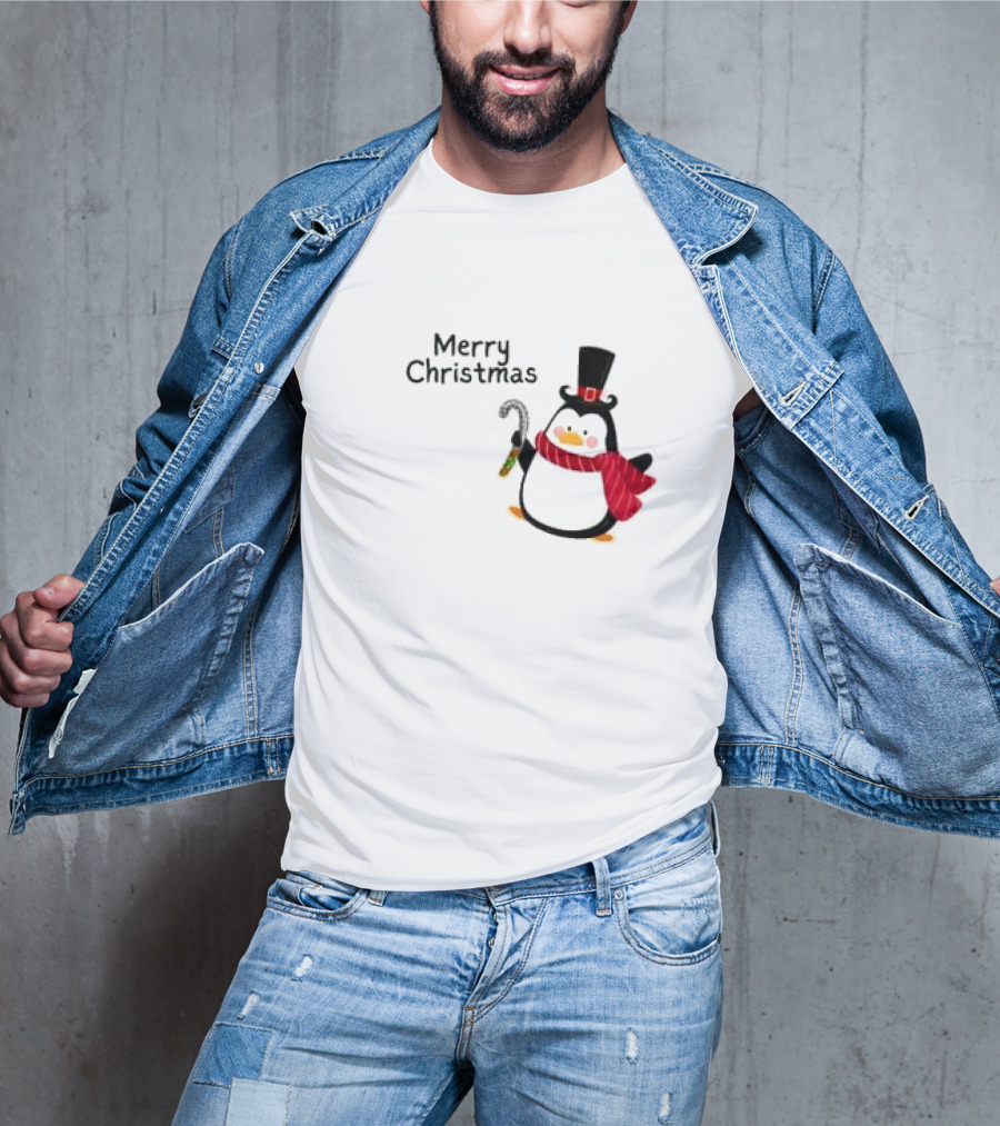 Merry Christmas Penguin With Candy Cane And Top Hat T-Shirt