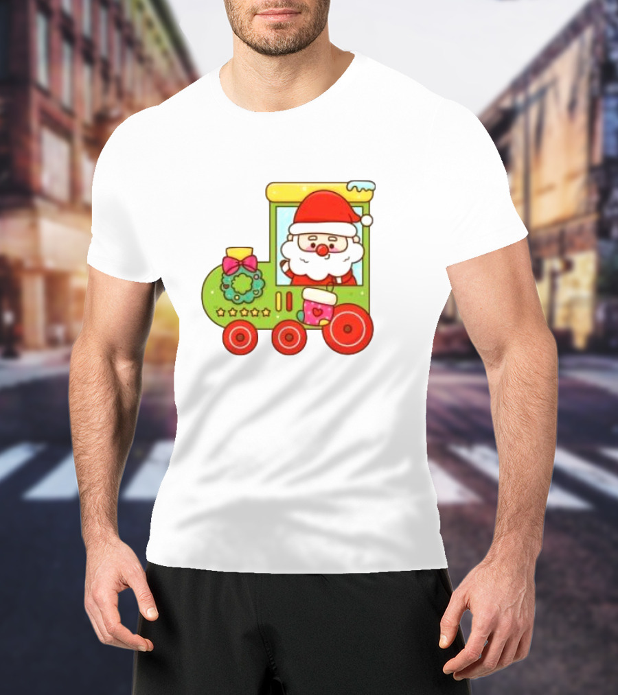 Santa Cute Christmas Train With Wreath And Stars T-Shirt