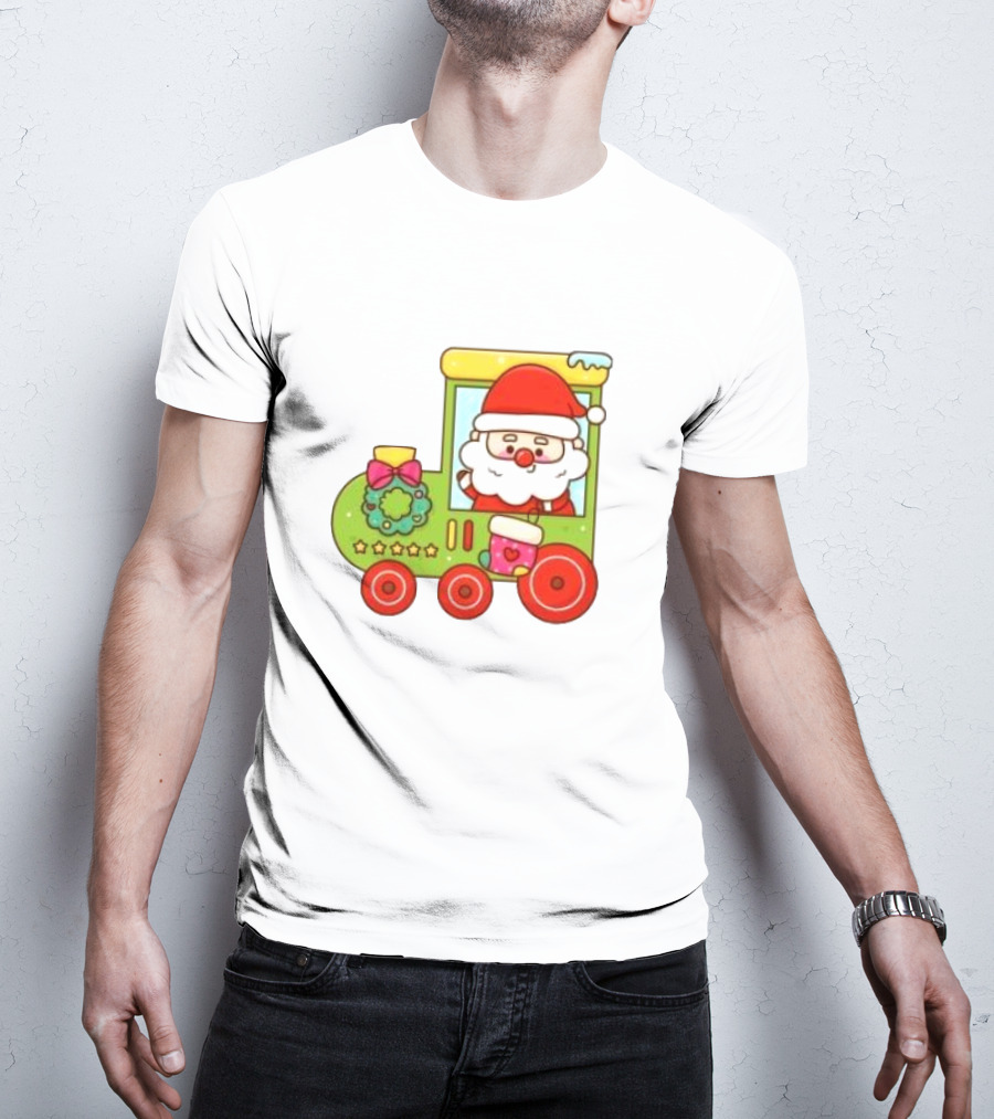 Santa Cute Christmas Train With Wreath And Stars T-Shirt
