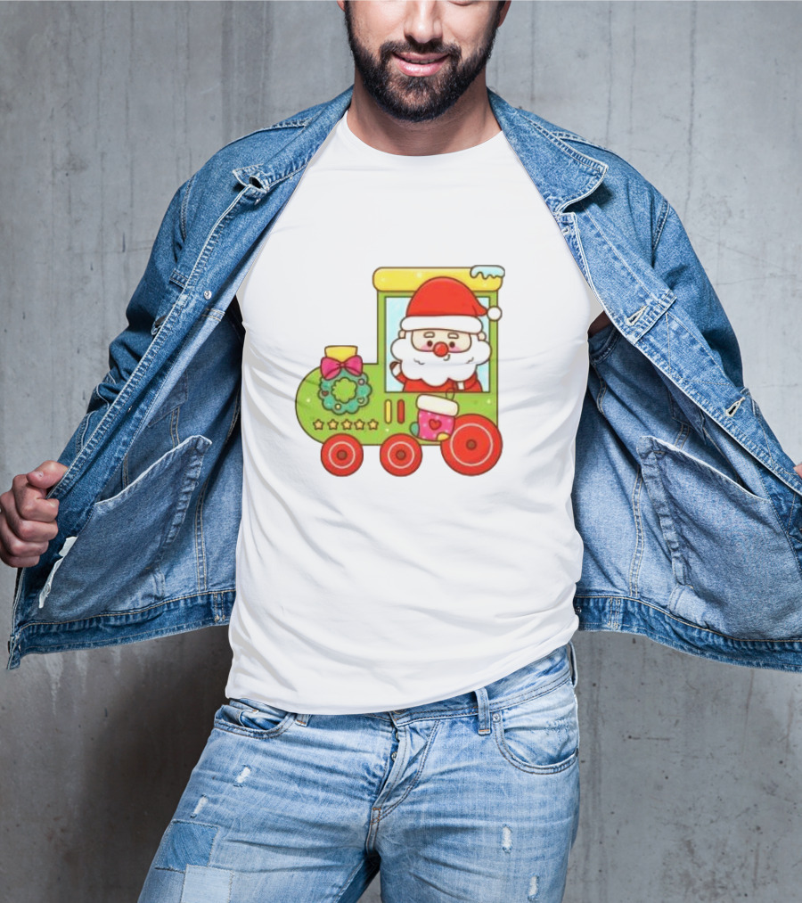 Santa Cute Christmas Train With Wreath And Stars T-Shirt