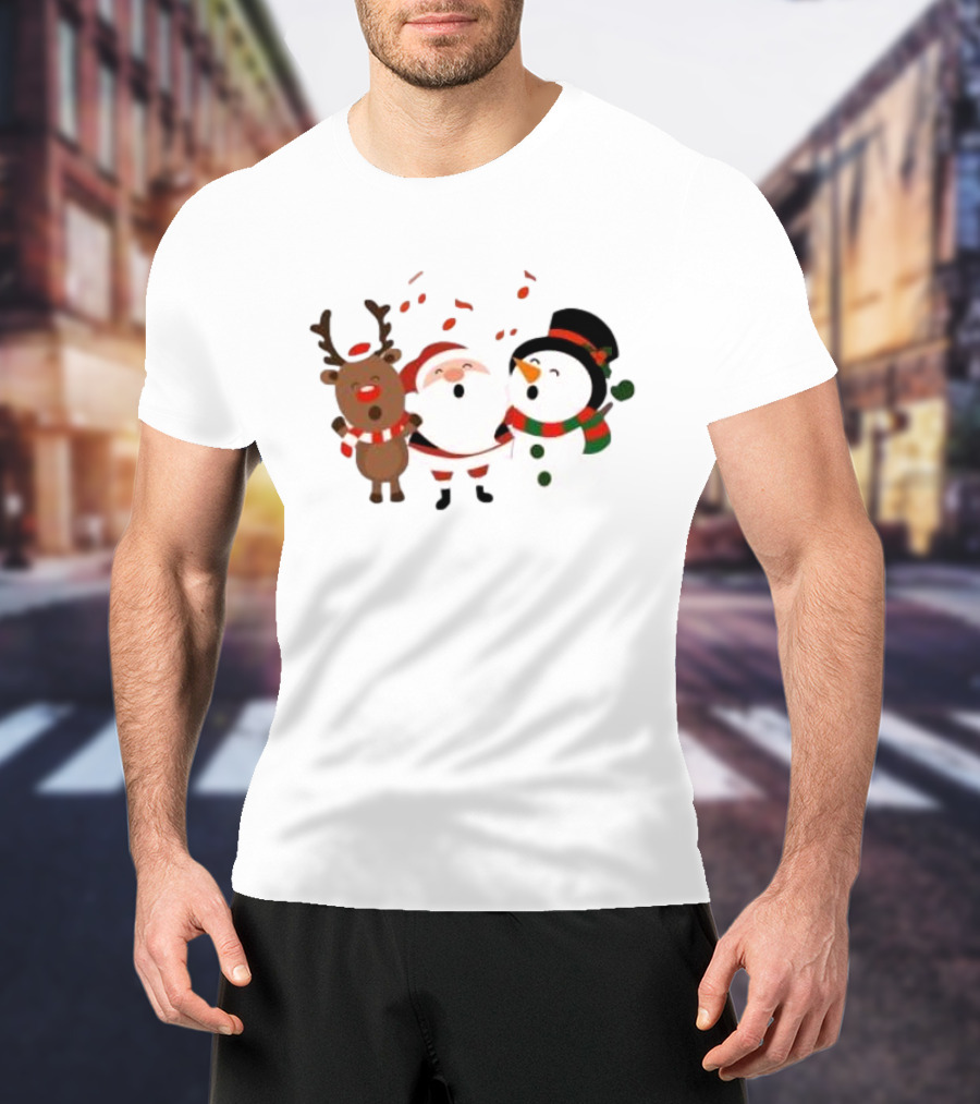Santa Reindeer And Snowman Singing Christmas Carols Together T-Shirt