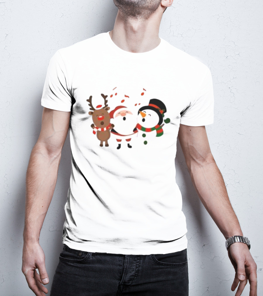 Santa Reindeer And Snowman Singing Christmas Carols Together T-Shirt