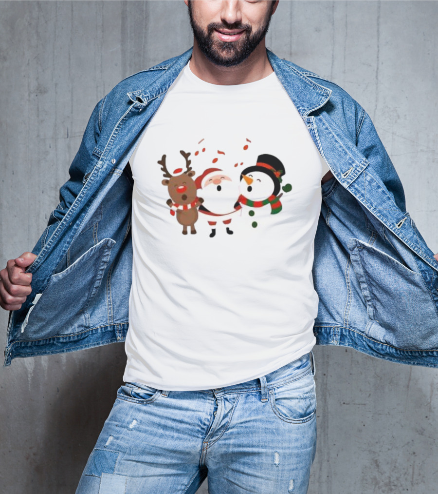 Santa Reindeer And Snowman Singing Christmas Carols Together T-Shirt