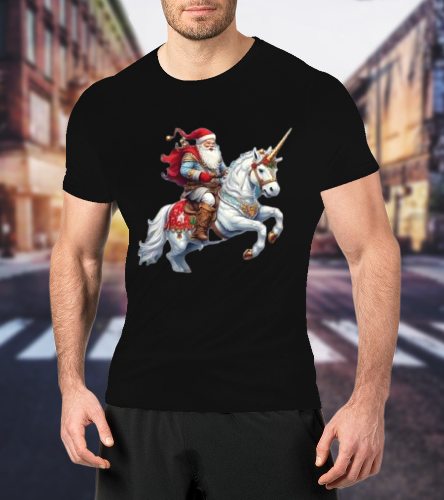 Santa Claus Riding Festive Unicorn Christmas T-Shirt