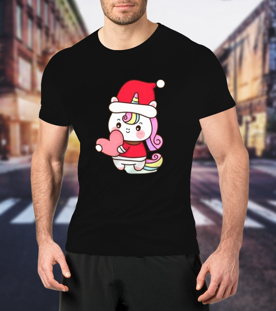 Unicorn Santa Hat Heart Christmas T-Shirt