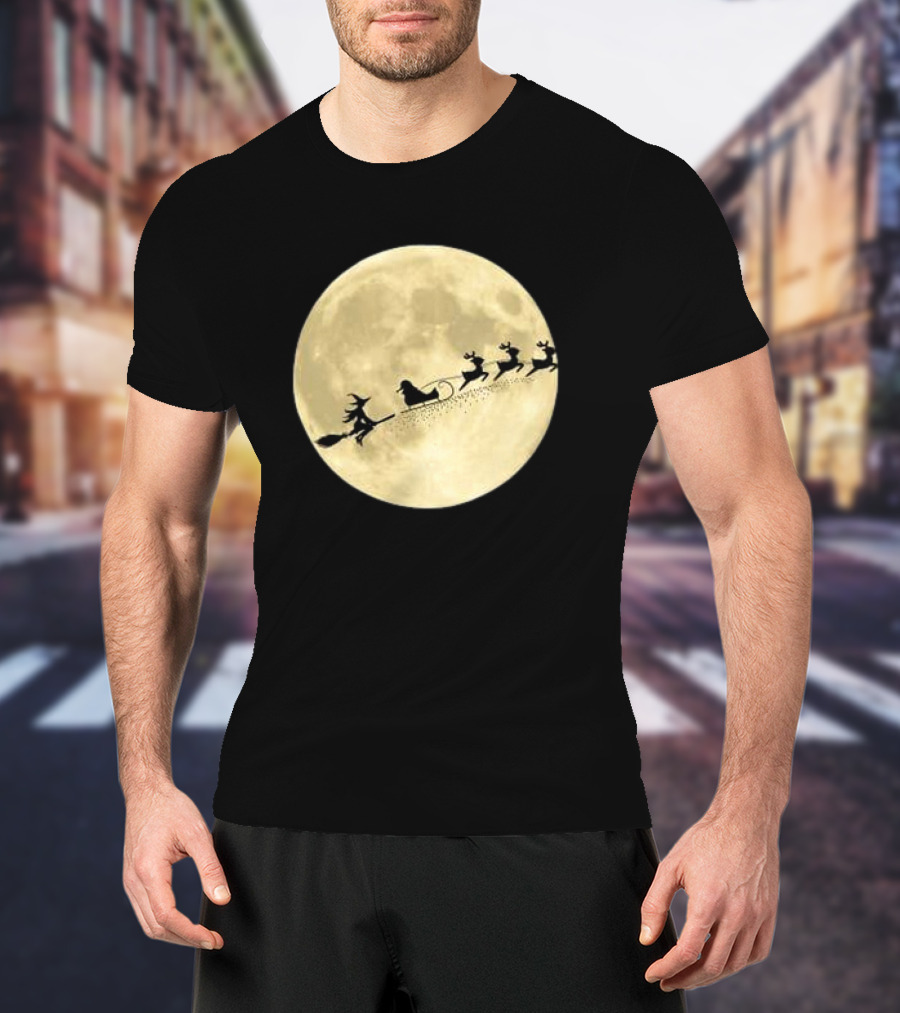 Witch Riding With Santa's Sleigh In Full Moon Christmas Scene T-Shirt
