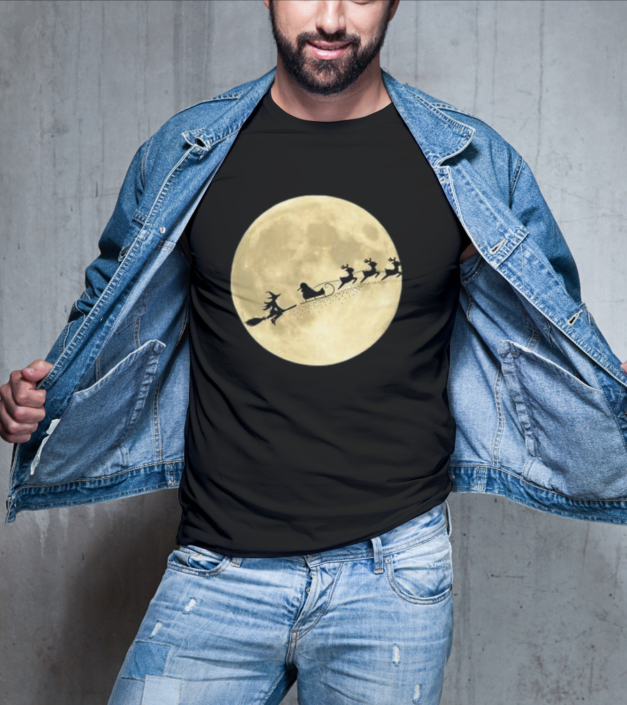 Witch Riding With Santa's Sleigh In Full Moon Christmas Scene T-Shirt