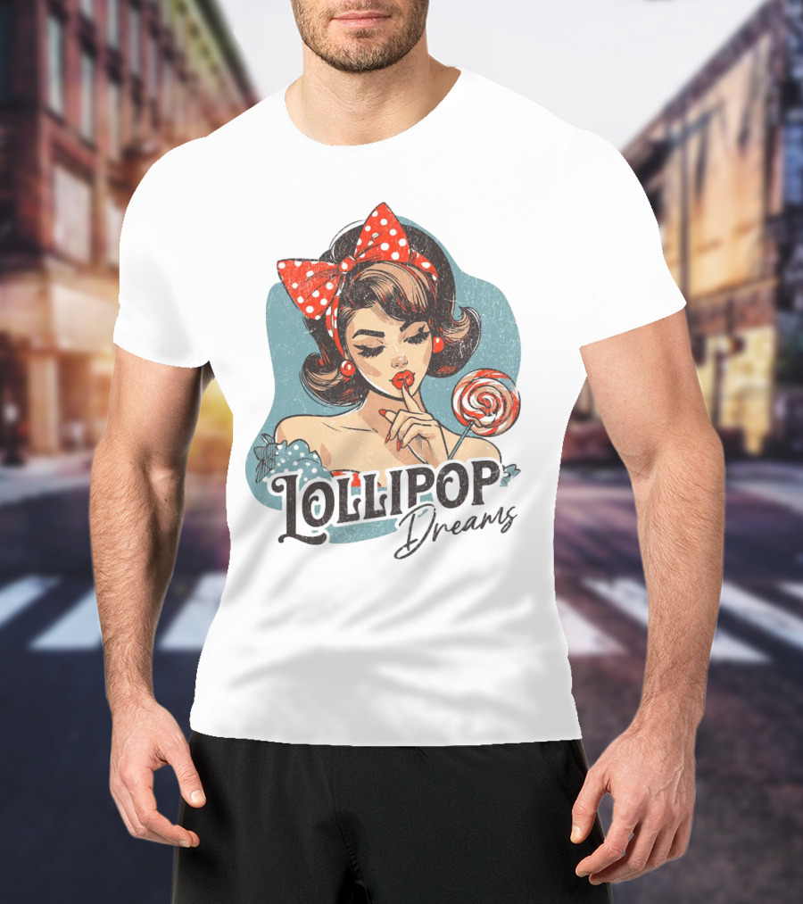 Lollipop Dreams Vintage Style Pinup Woman With Lollipop And Red Bow T-Shirt