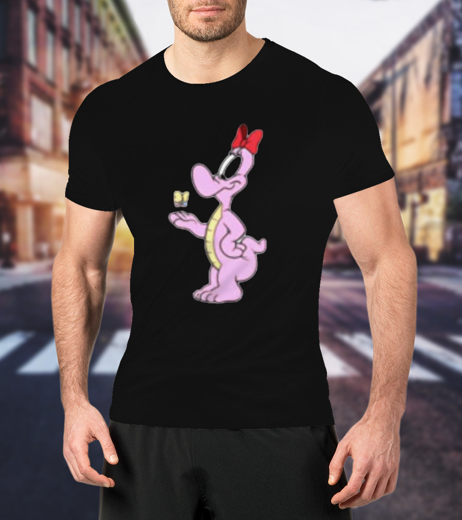 Pink Cartoon Dinosaur With Red Bow And Butterfly T-Shirt