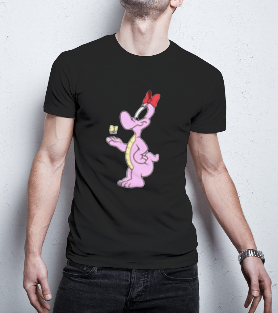 Pink Cartoon Dinosaur With Red Bow And Butterfly T-Shirt