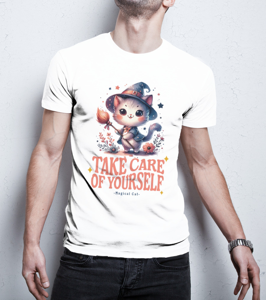 Take Care Of Yourself Magical Cat Wizard Hat Broomstick T-Shirt