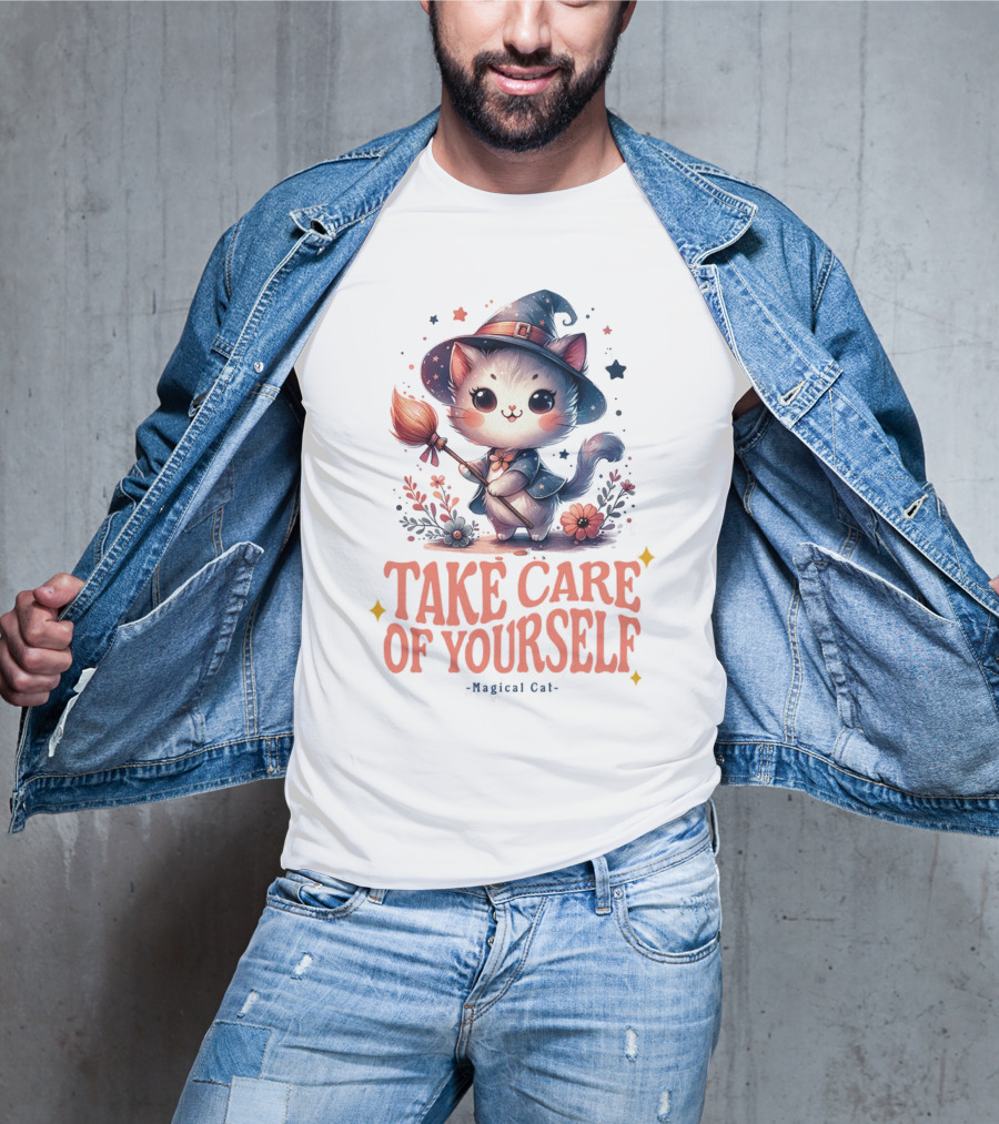 Take Care Of Yourself Magical Cat Wizard Hat Broomstick T-Shirt