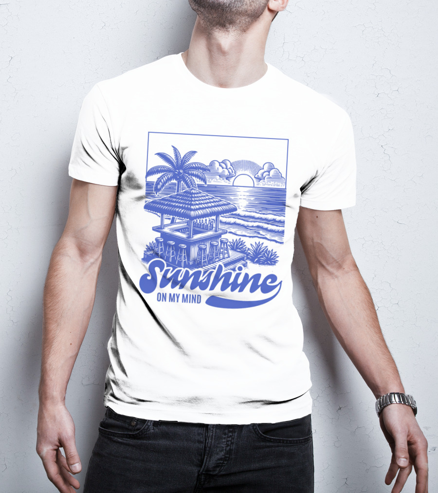 Sunshine On My Mind Vintage Beach Hut And Sunset Scene T-Shirt