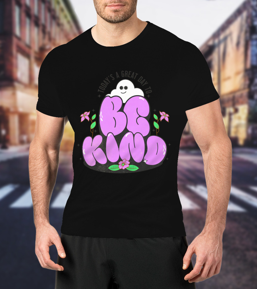 Be Kind Ghost With Flowers And Purple Text T-Shirt