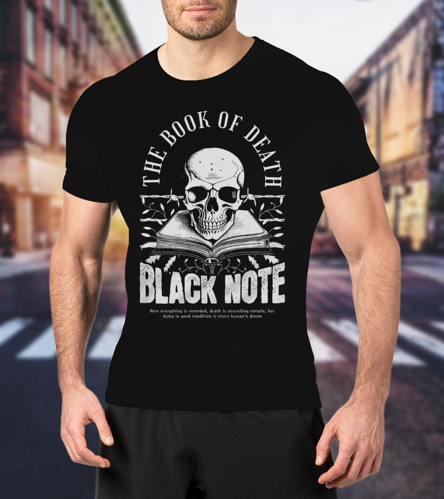 The Book Of Death Black Note Skull With Open Book T-Shirt