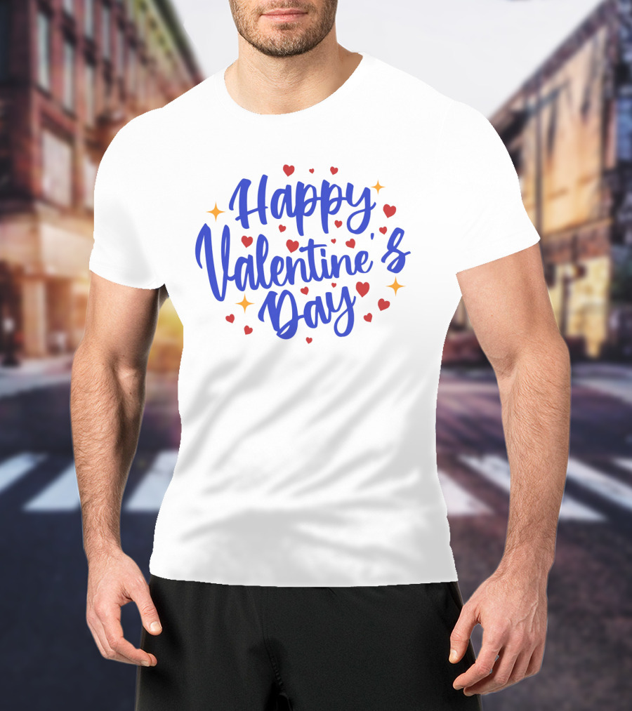 Happy Valentine's Day Blue Script With Hearts And Stars T-Shirt