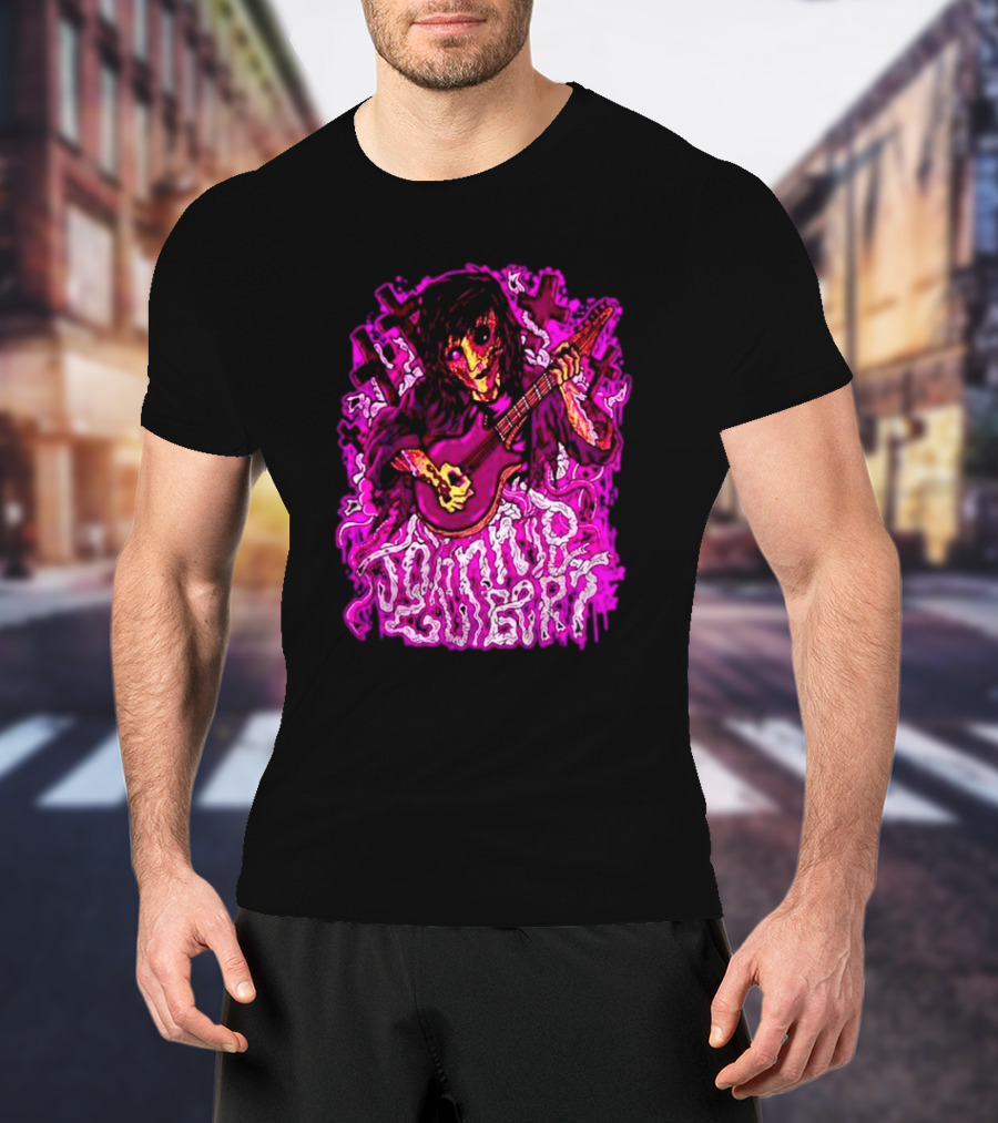 Zombie Johnnie Guilbert Playing Guitar With Pink Crosses And Skull T-Shirt
