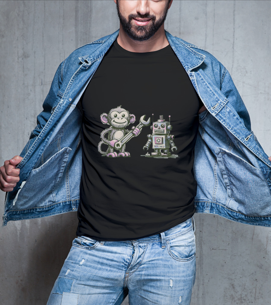 Monkey Wrench Holding Monkey And Robot Companion T-Shirt