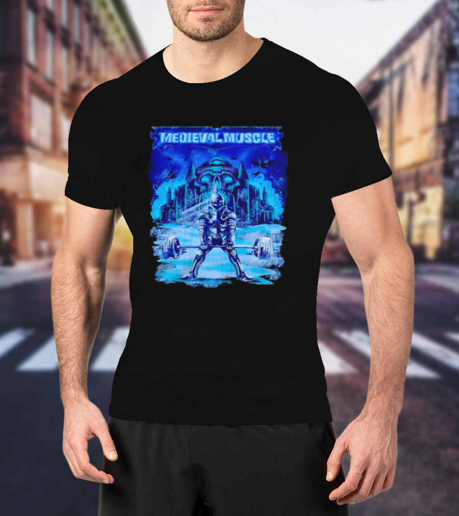 Medieval Muscle Knight Lifting Weights In Gothic Castle Scene T-Shirt