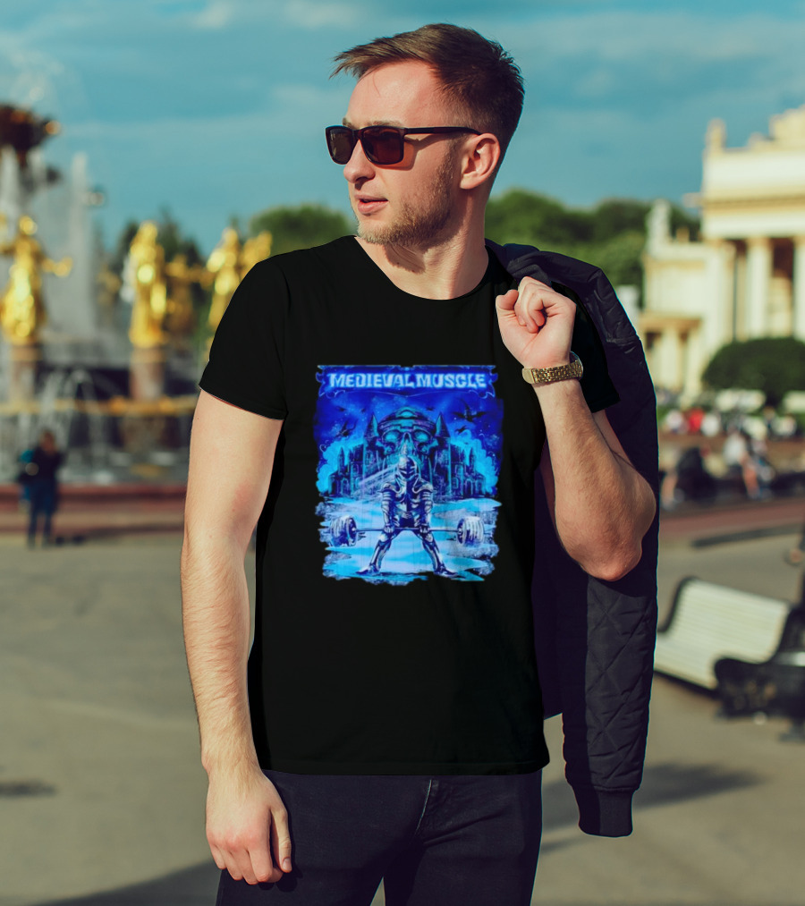 Medieval Muscle Knight Lifting Weights In Gothic Castle Scene T-Shirt