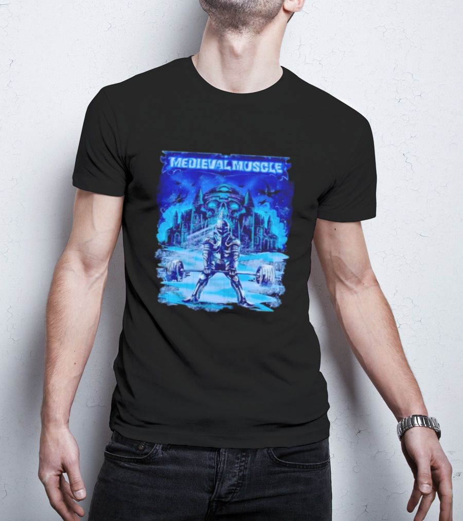 Medieval Muscle Knight Lifting Weights In Gothic Castle Scene T-Shirt