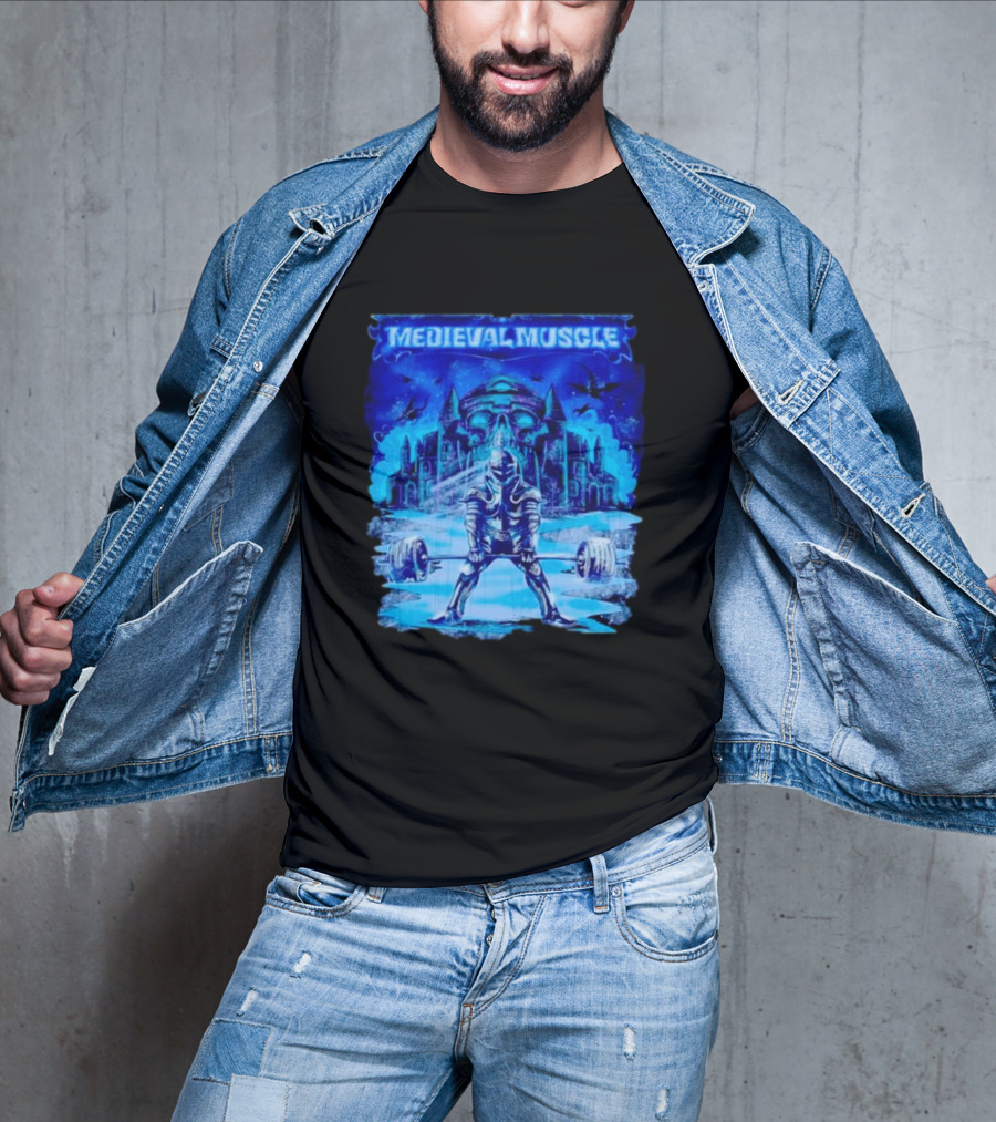 Medieval Muscle Knight Lifting Weights In Gothic Castle Scene T-Shirt
