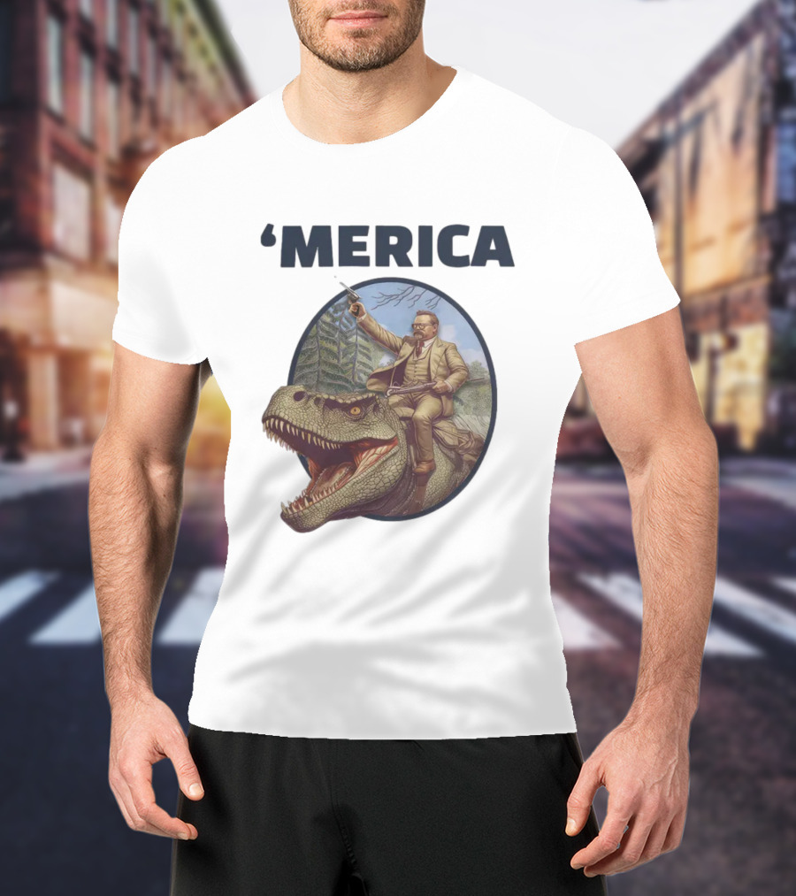 Macrodosing 'Merica Roosevelt Riding Dinosaur With Gun T-Shirt