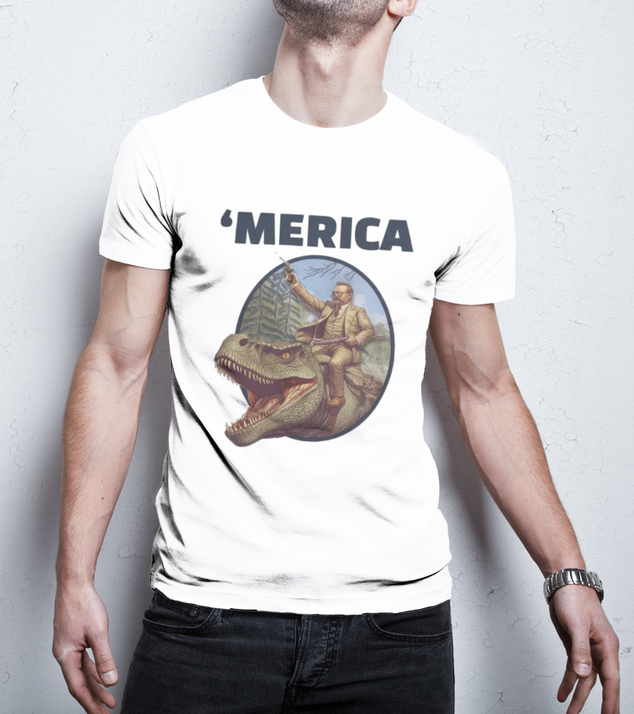 Macrodosing 'Merica Roosevelt Riding Dinosaur With Gun T-Shirt
